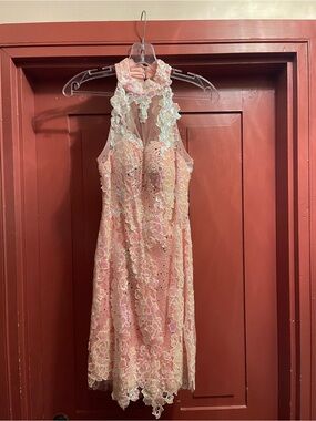 Elegant Pink Lace Halter Prom Dress with Floral Appliqué